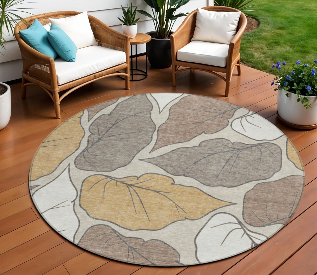 660867 8 ft. Linen Ivory & Brown Botanical Leaves Washable Transitional Indoor & Outdoor Round Area Rug