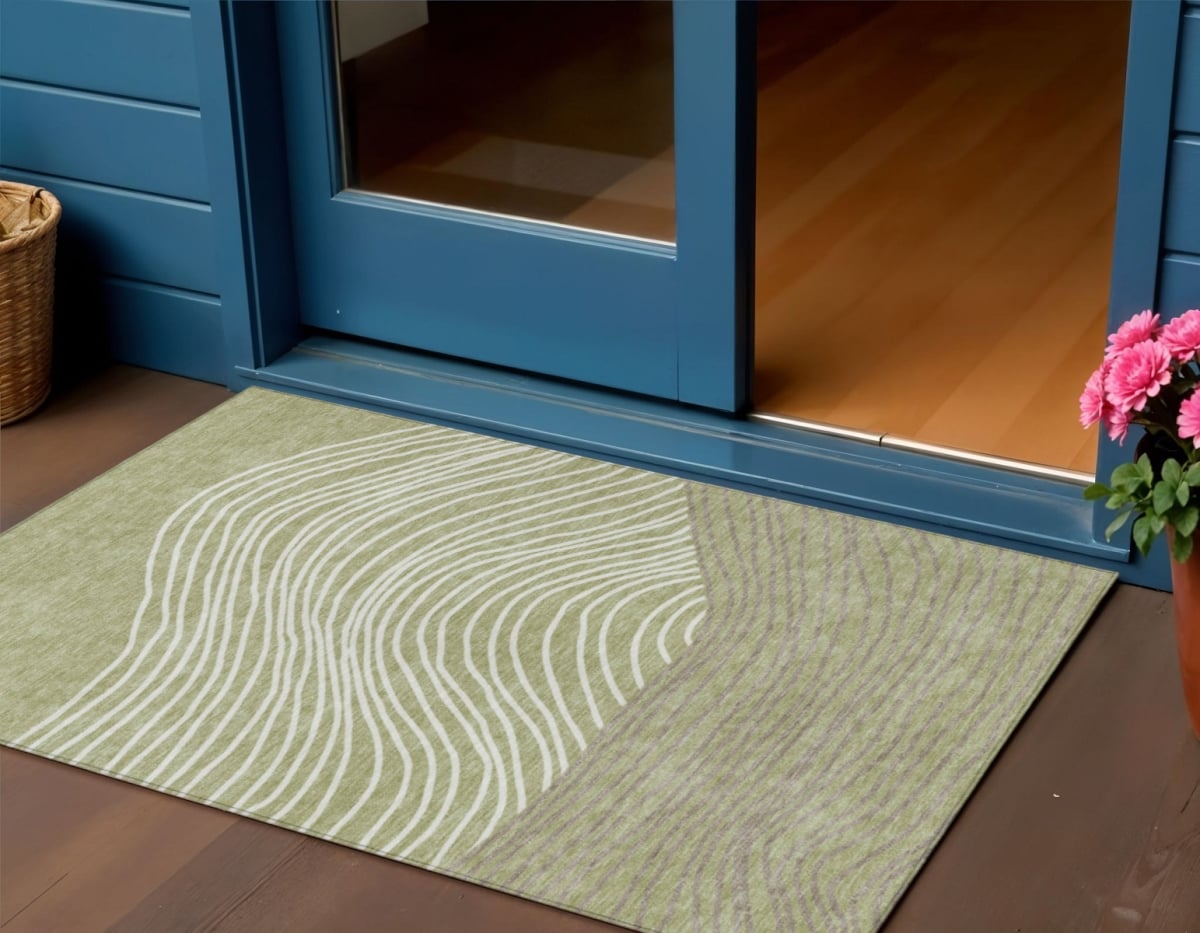 660925 3 x 5 ft. Artichoke Green & Ivory Striped Washable Transitional Indoor & Outdoor Rectangle Area Rug