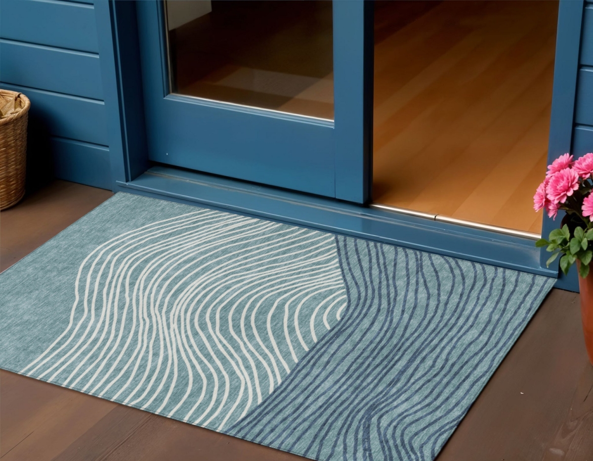660979 3 x 5 ft. Teal, Blue & Ivory Striped Washable Transitional Indoor & Outdoor Rectangle Area Rug