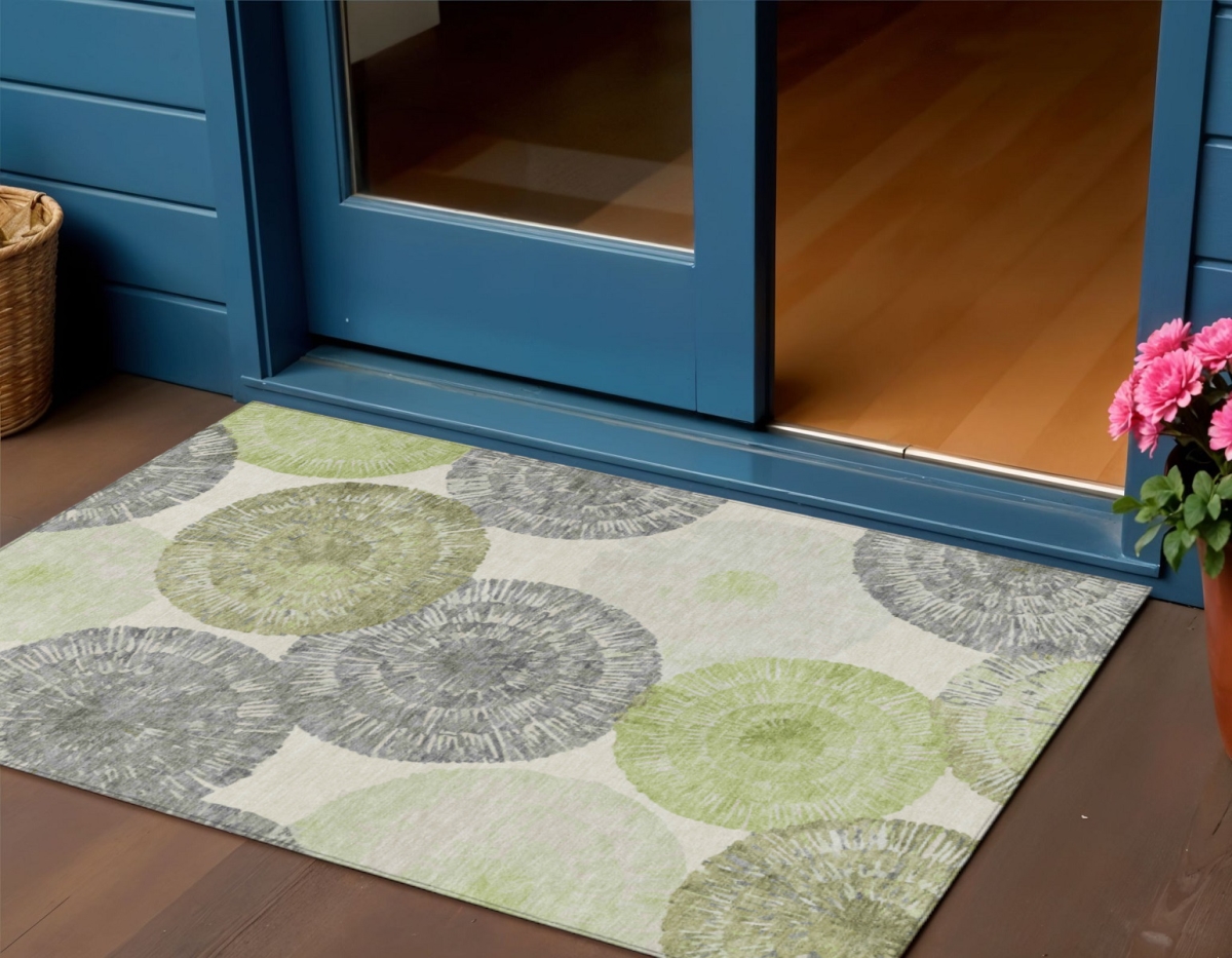 660985 3 x 5 ft. Artichoke Green, Ivory & Gray Abstract Washable Transitional Indoor & Outdoor Rectangle Area Rug