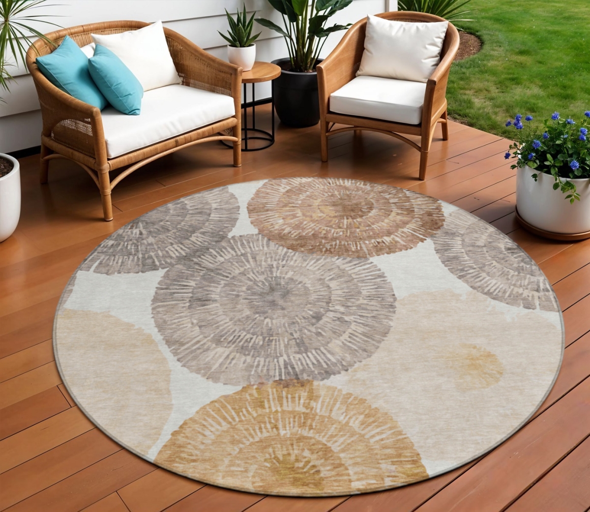 660993 8 ft. Copper, Ivory & Gray Abstract Washable Transitional Indoor & Outdoor Round Area Rug