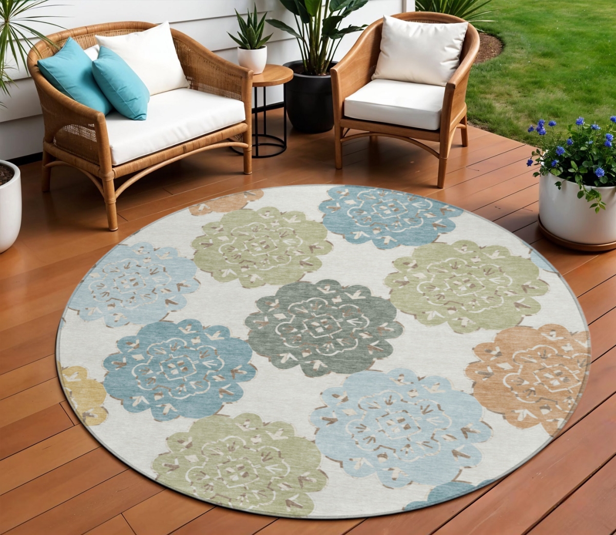 661107 8 ft. Pacific Blue, Ivory & Copper Quatrefoil Washable Transitional Indoor & Outdoor Round Area Rug