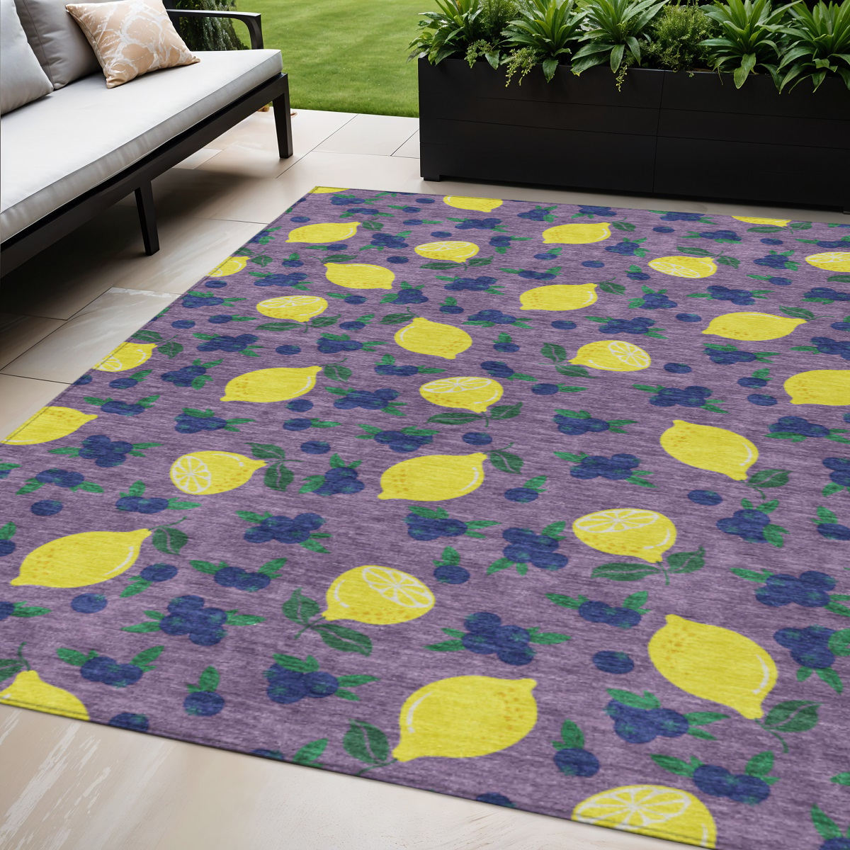 661142 5 x 8 ft. Lavender Yellow & Blue Lemons Washable Transitional Indoor & Outdoor Rectangle Area Rug