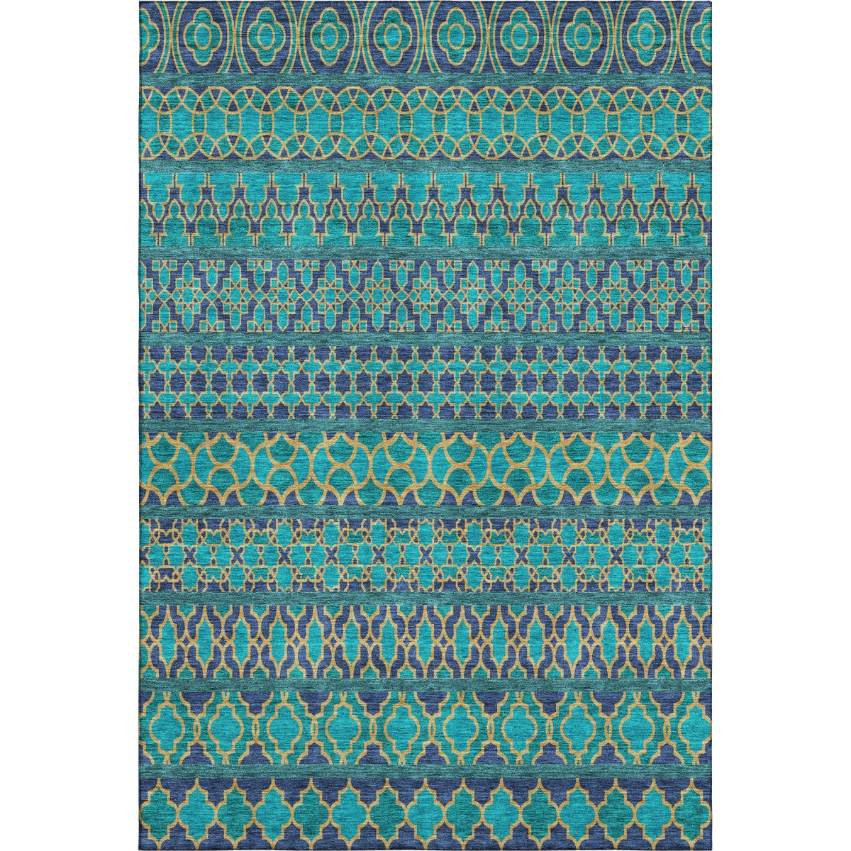 661481 5 x 8 ft. Teal & Gold Ikat Washable Machine Made Rectangle Area Rug with UV Protection