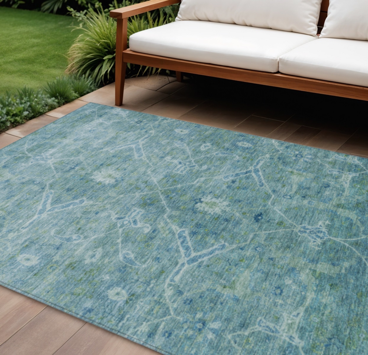 658277 9 x 12 ft. Turquoise & Ivory Floral Washable Traditional Indoor & Outdoor Rectangle Area Rug
