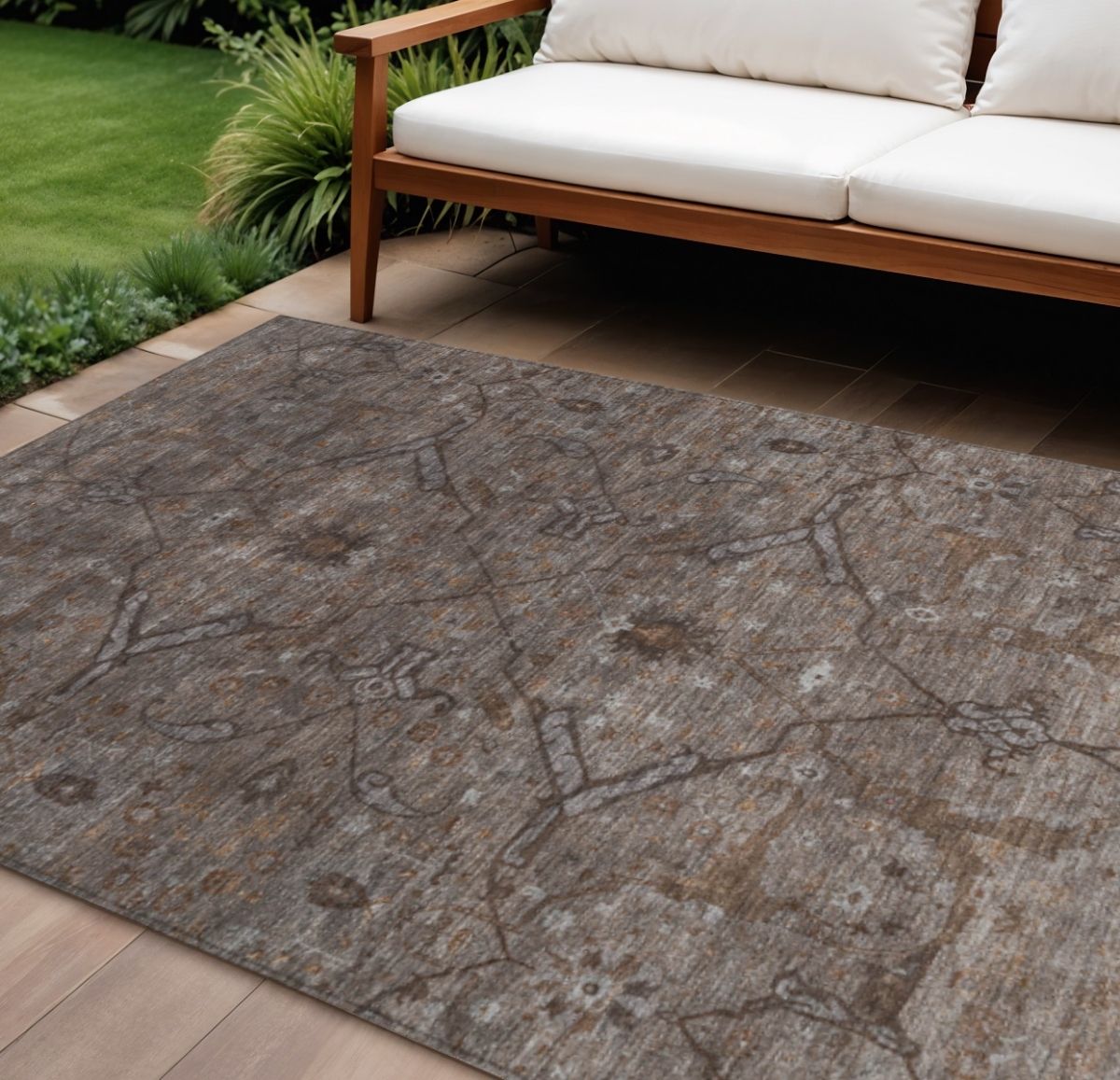 658289 9 x 12 ft. Brown & Taupe Floral Washable Traditional Indoor & Outdoor Rectangle Area Rug