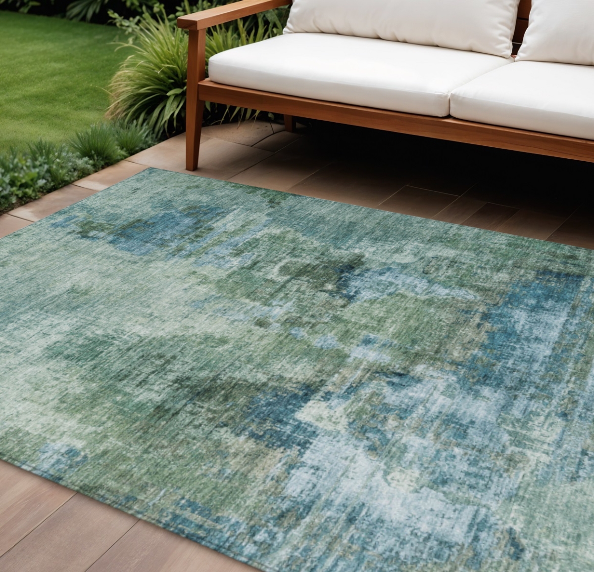 658344 10 x 14 ft. Teal, Blue & Gray Abstract Washable Transitional Indoor & Outdoor Rectangle Area Rug