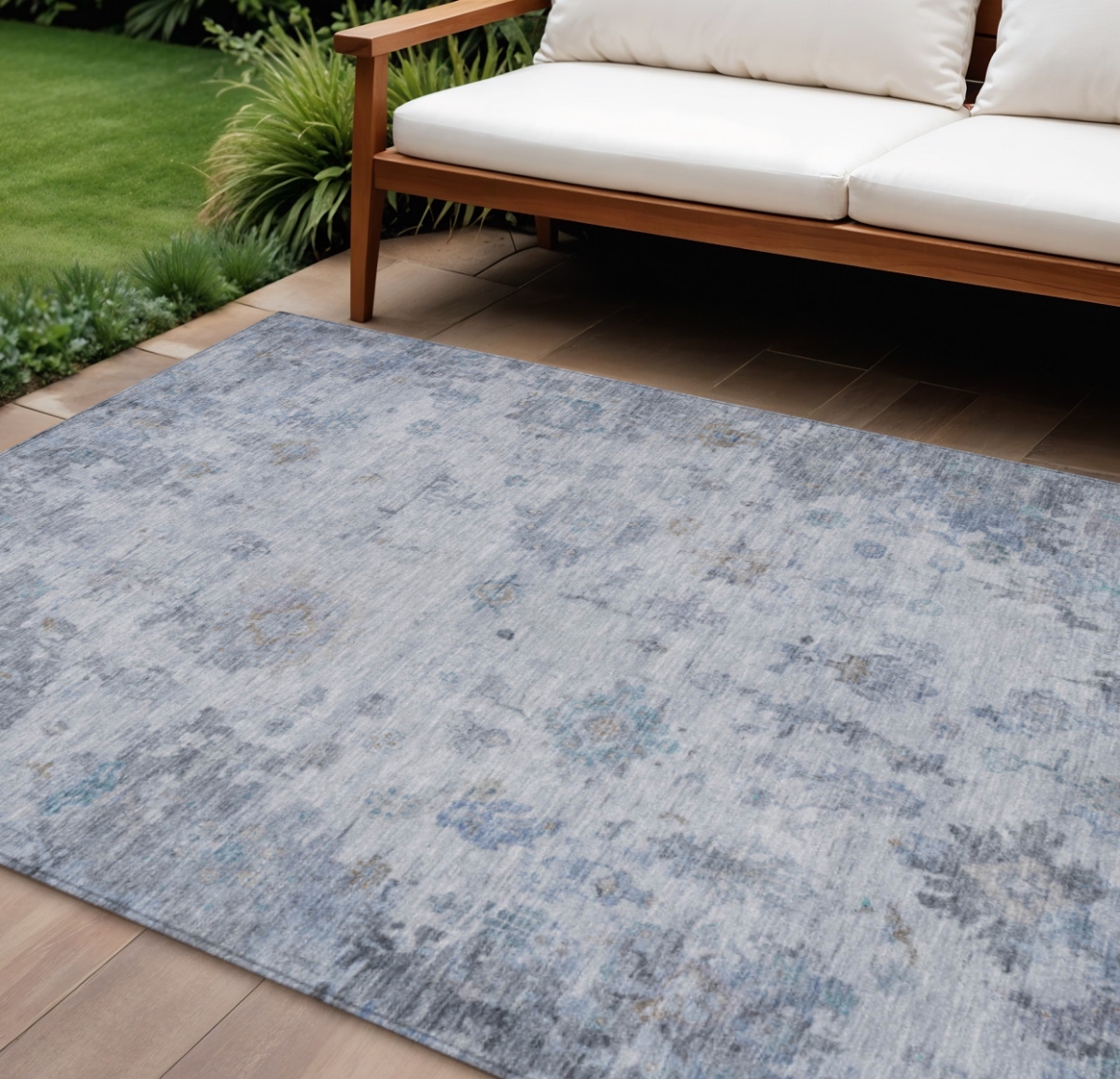 658361 9 x 12 ft. Blue & Gray Floral Washable Traditional Indoor & Outdoor Rectangle Area Rug