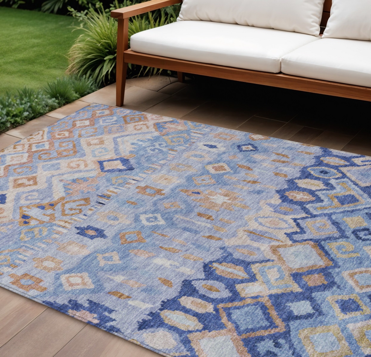 658445 9 x 12 ft. Blue & Taupe Geometric Washable Transitional Indoor & Outdoor Rectangle Area Rug