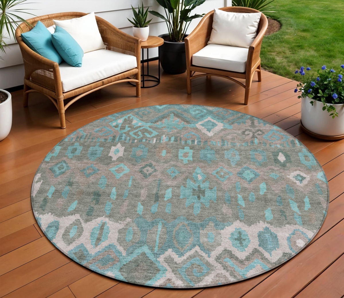 658503 8 ft. Teal Blue, Gray & Ivory Geometric Washable Transitional Indoor & Outdoor Round Area Rug