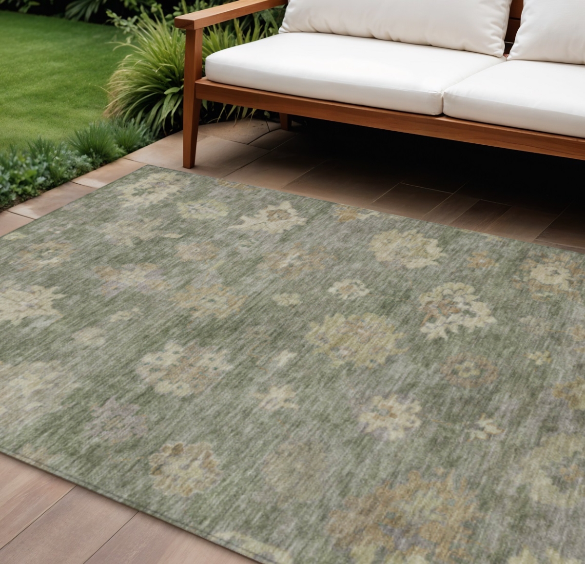 658542 10 x 14 ft. Sage & Beige Floral Washable Traditional Indoor & Outdoor Rectangle Area Rug