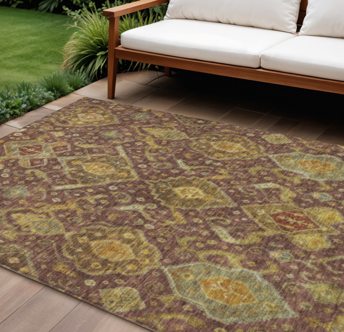 658560 10 x 14 ft. Burgundy Gold & Copper Ikat Washable Traditional Indoor & Outdoor Rectangle Area Rug