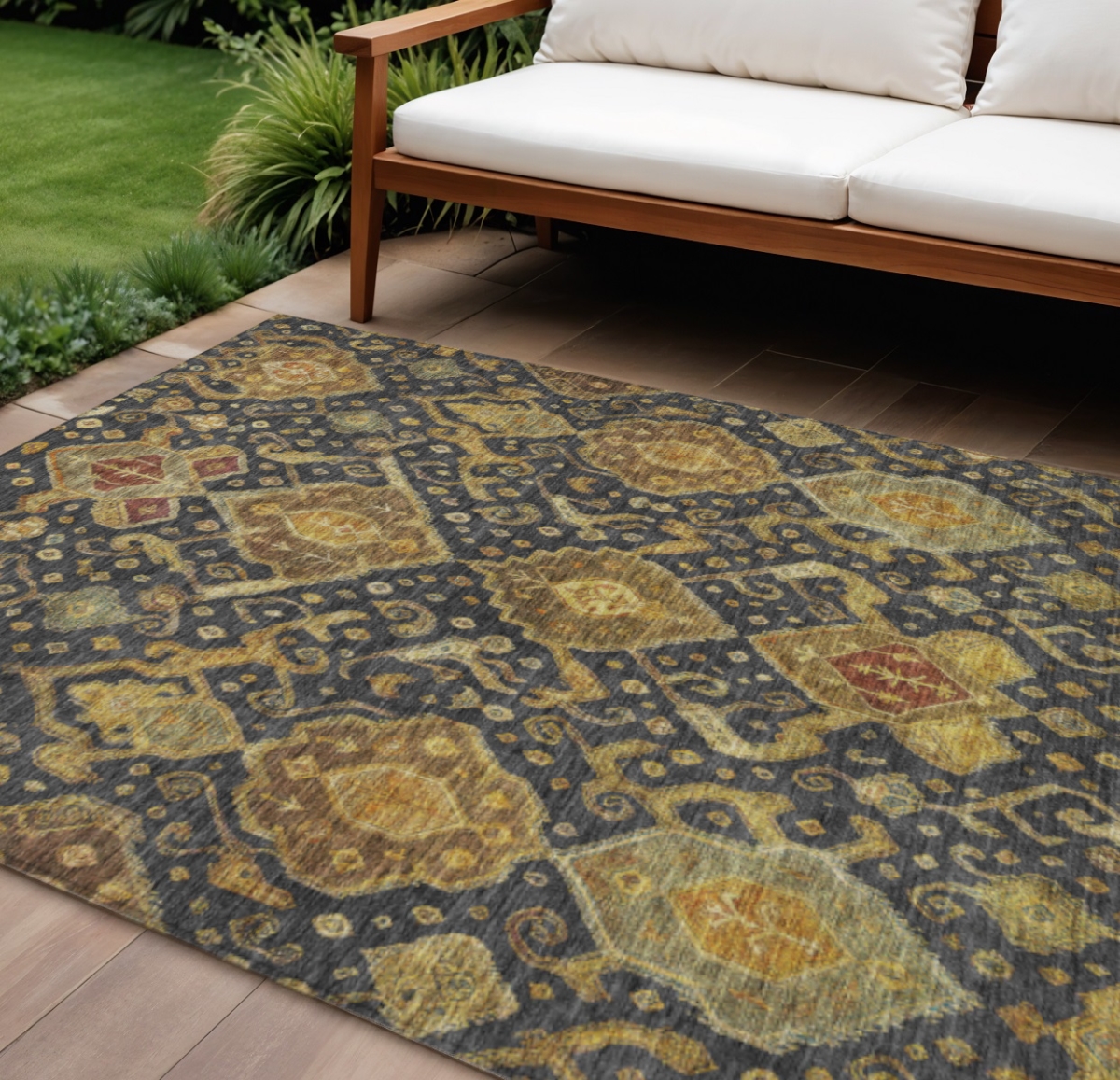 658565 9 x 12 ft. Charcoal Gold & Copper Ikat Washable Traditional Indoor & Outdoor Rectangle Area Rug