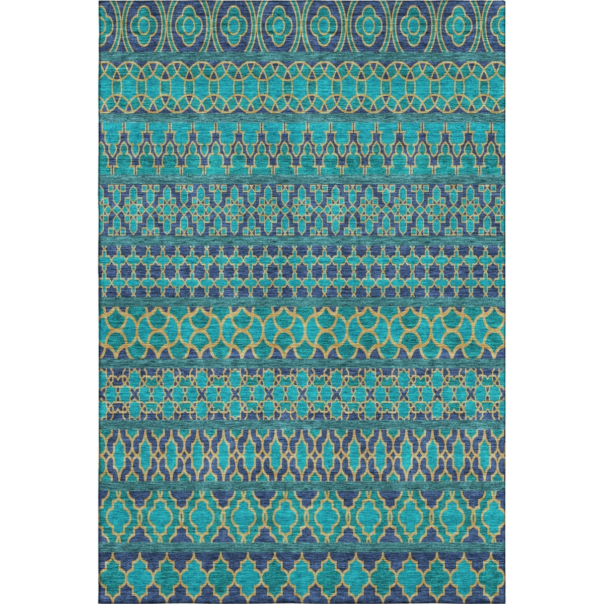 661483 8 x 10 ft. Teal & Gold Ikat Washable Machine Made Rectangle Area Rug with UV Protection