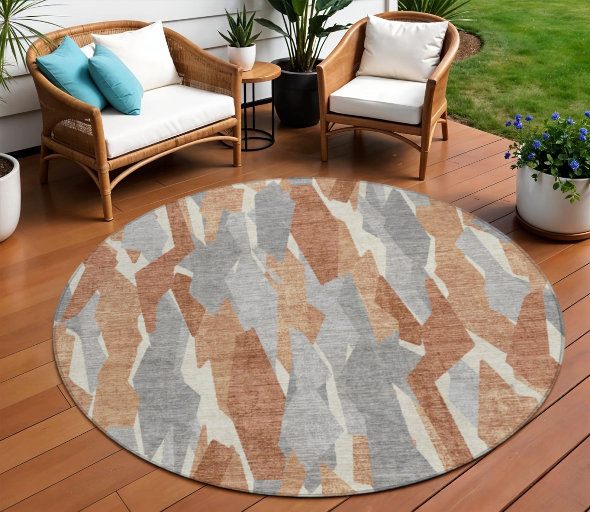 659624 8 ft. Chili Red Granite Gray & Ivory Striped Washable Transitional Indoor & Outdoor Round Area Rug