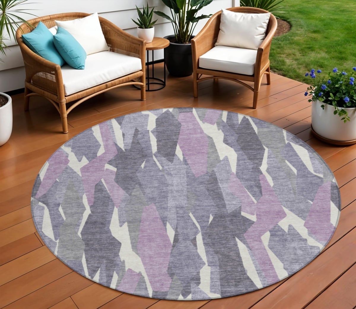 659636 8 ft. Purple Gray & Ivory Striped Washable Transitional Indoor & Outdoor Round Area Rug