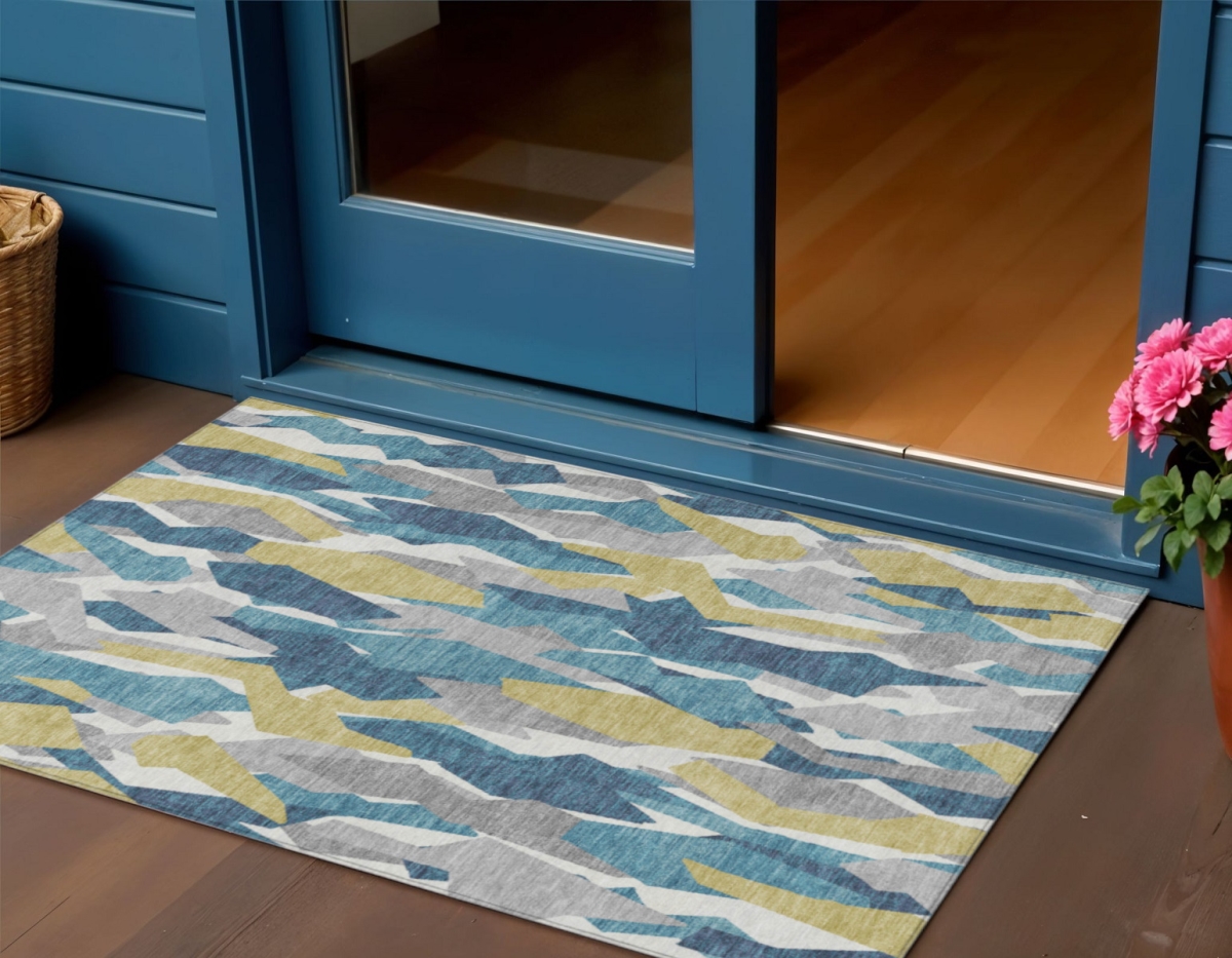 659640 3 x 5 ft. Teal Blue Yellow & Ivory Striped Washable Transitional Indoor & Outdoor Rectangle Area Rug