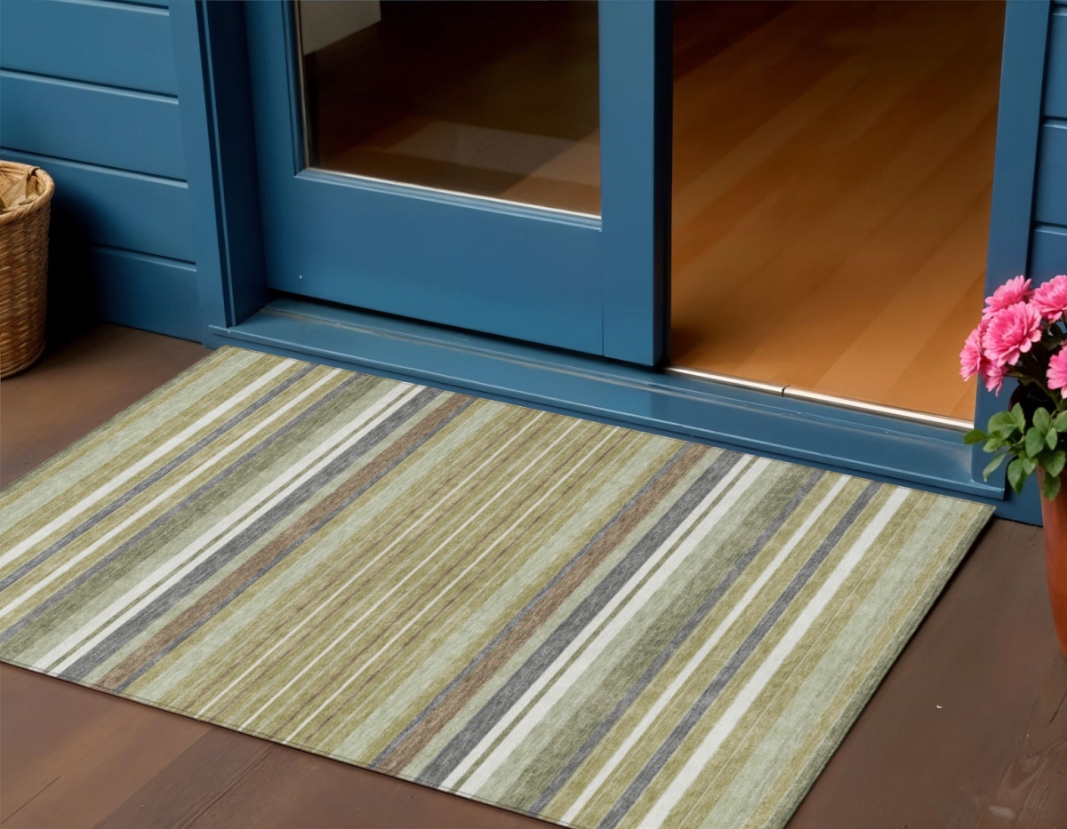 659646 3 x 5 ft. Artichoke Green Pewter & Ivory Striped Washable Transitional Indoor & Outdoor Rectangle Area Rug