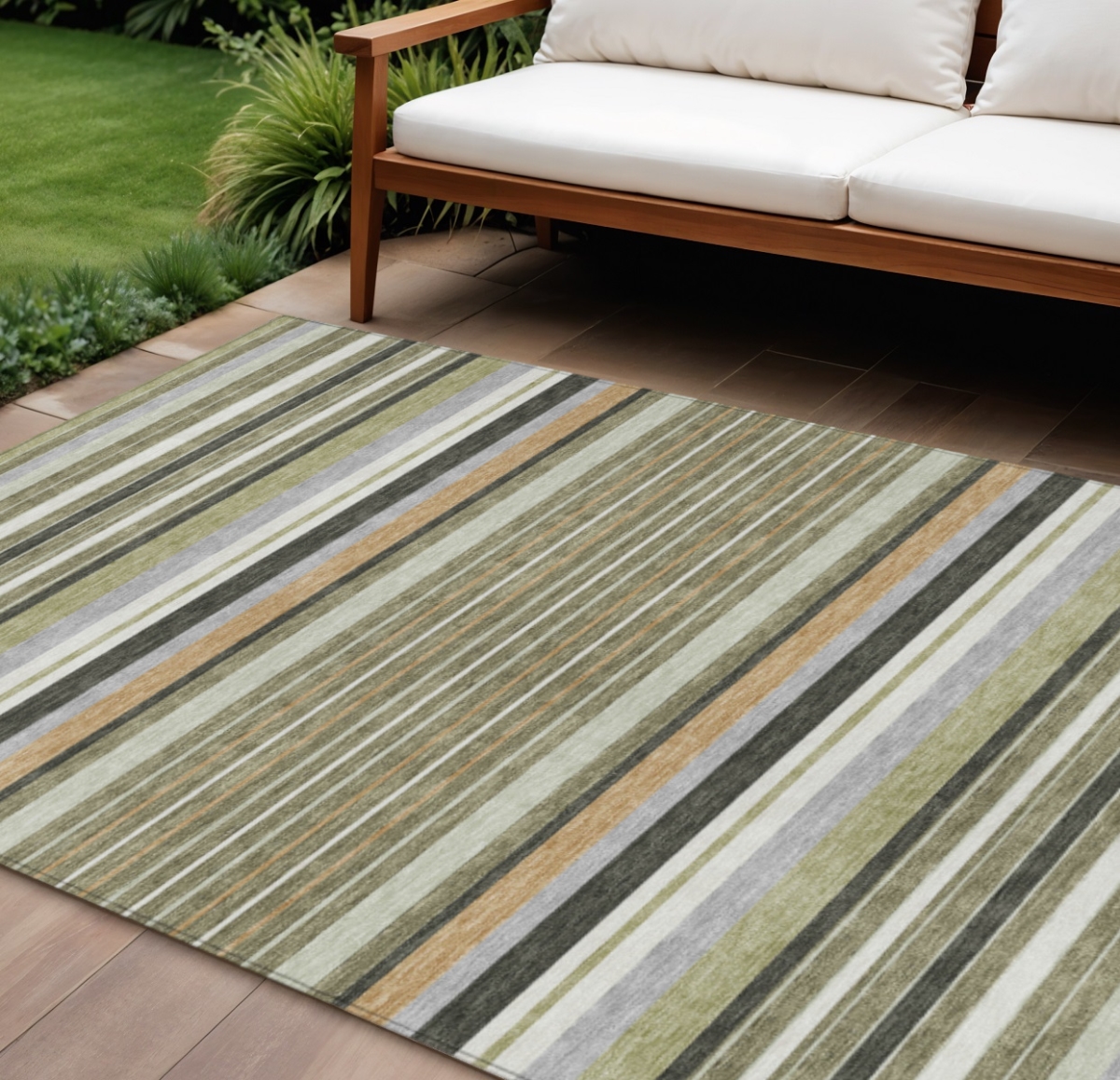 659673 8 x 10 ft. Olive Green Copper & Ivory Striped Washable Transitional Indoor & Outdoor Rectangle Area Rug