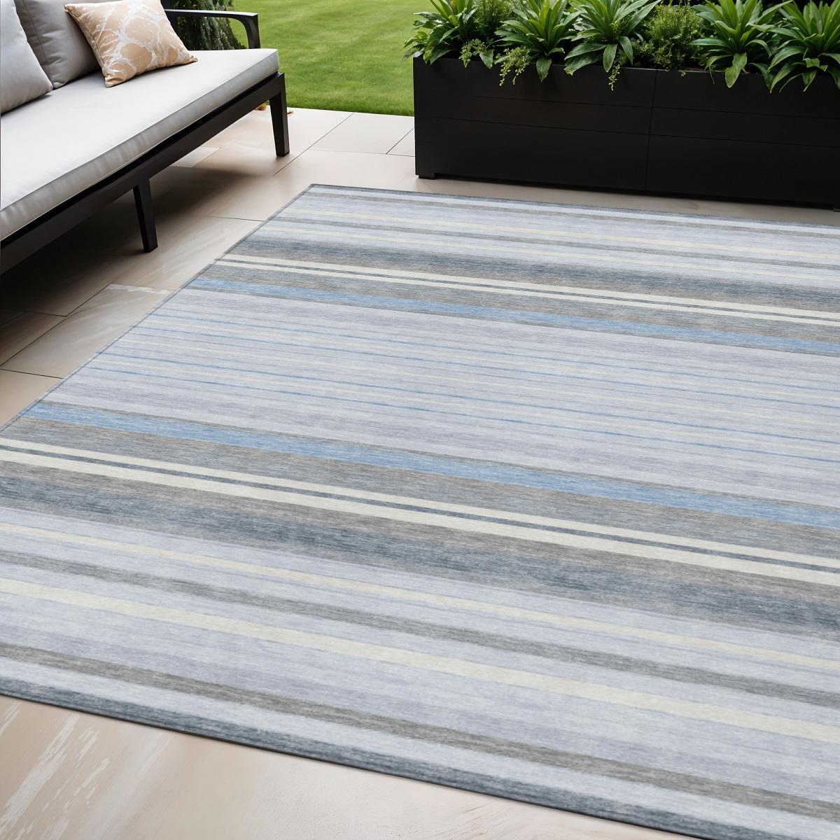 659683 5 x 8 ft. Sky Blue & Ivory Striped Washable Transitional Indoor & Outdoor Rectangle Area Rug