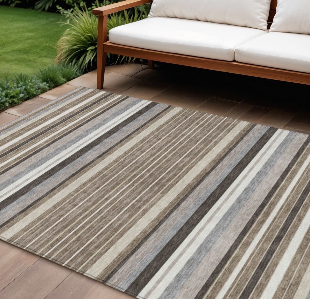 659693 10 x 14 ft. Taupe Ivory & Brown Striped Washable Transitional Indoor & Outdoor Rectangle Area Rug