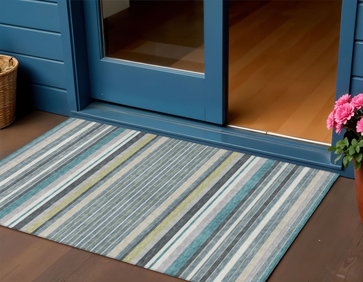 659694 3 x 5 ft. Teal Blue, Gray & Ivory Striped Washable Transitional Indoor & Outdoor Rectangle Area Rug