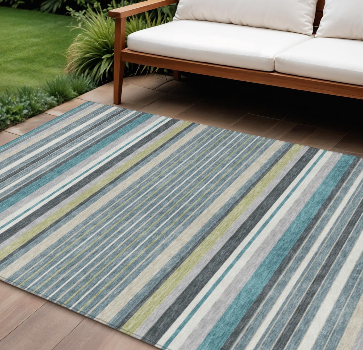 659699 10 x 14 ft. Teal Blue, Gray & Ivory Striped Washable Transitional Indoor & Outdoor Rectangle Area Rug