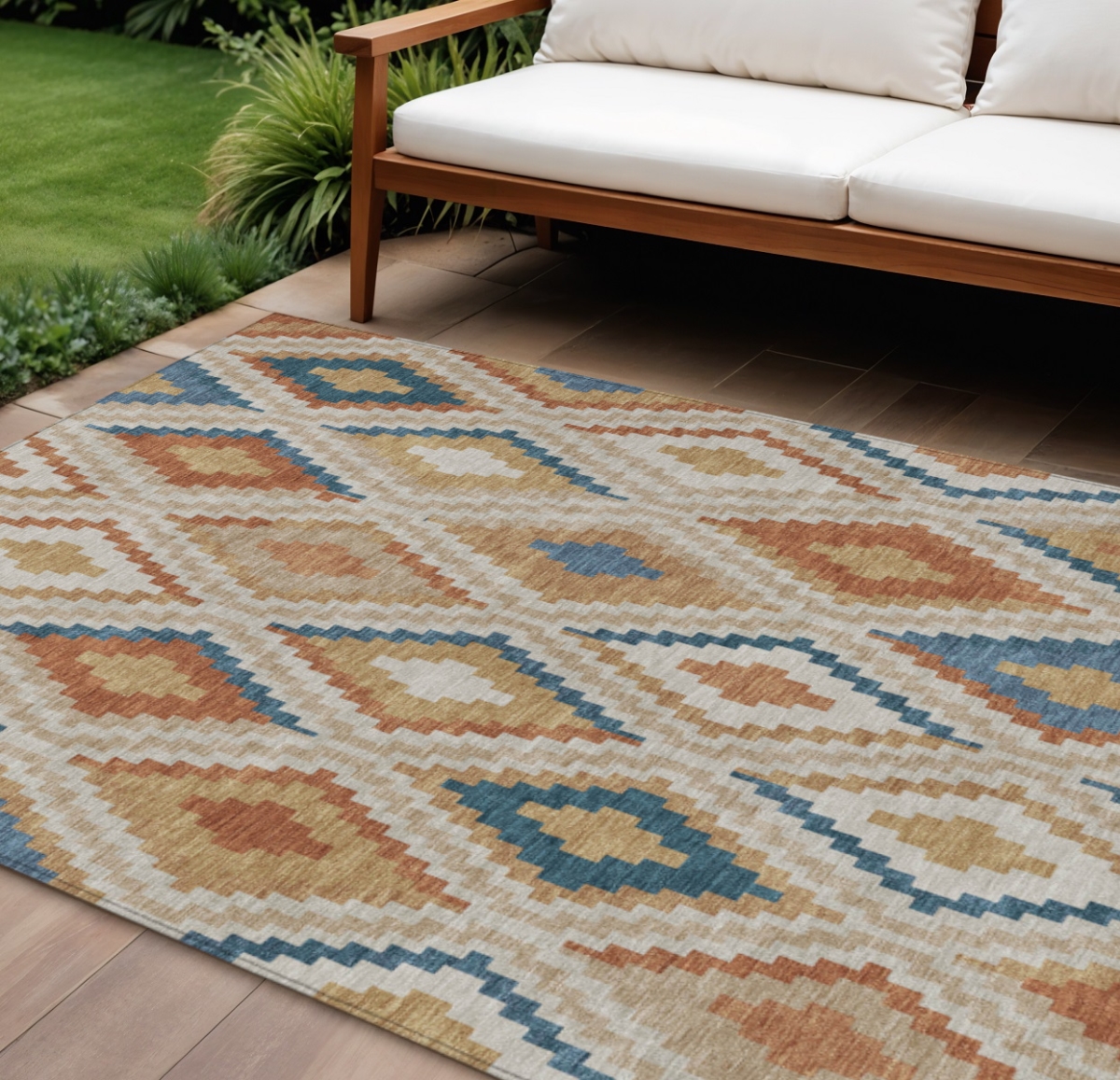 659704 9 x 12 ft. Beige Blue & Terra Cotta Geometric Washable Transitional Indoor & Outdoor Rectangle Area Rug