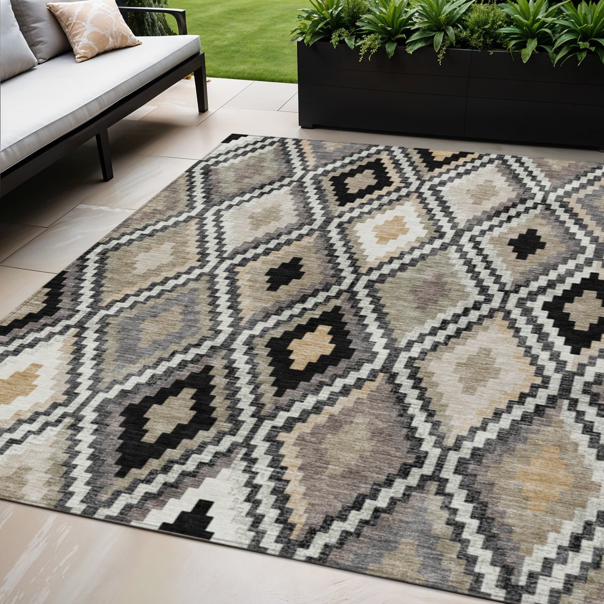 659707 5 x 8 ft. Black, Ivory & Beige Geometric Washable Transitional Indoor & Outdoor Rectangle Area Rug