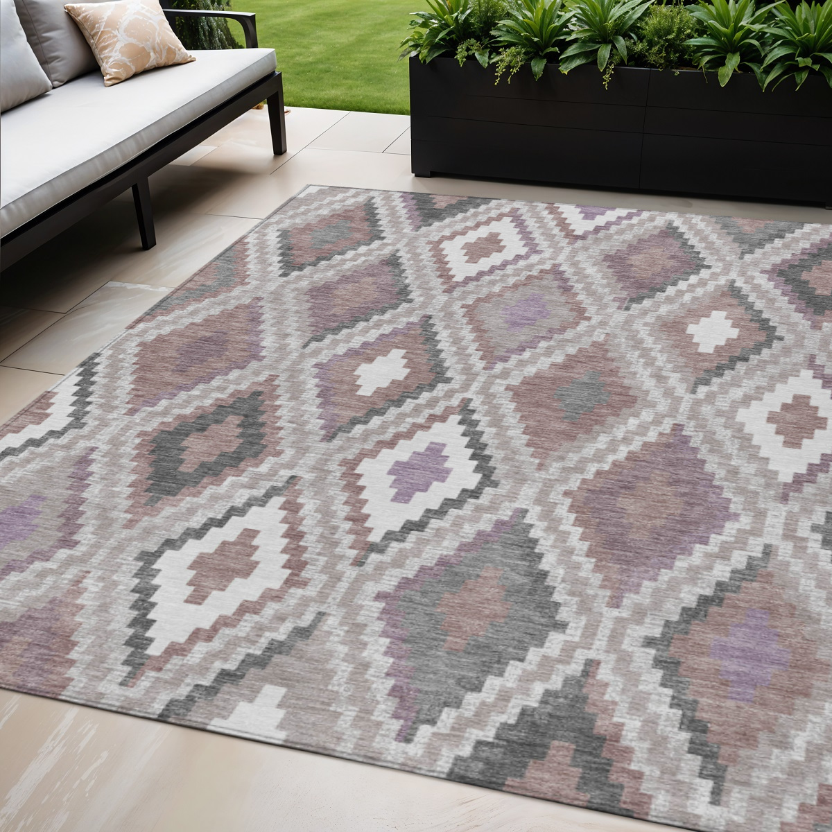 659713 5 x 8 ft. Blush Ivory & Gray Geometric Washable Transitional Indoor & Outdoor Rectangle Area Rug