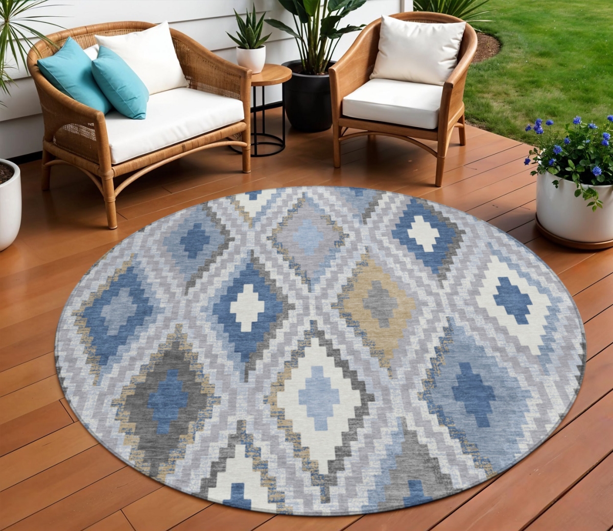 659720 8 ft. Denim Blue, Gray & Ivory Geometric Washable Transitional Indoor & Outdoor Round Area Rug