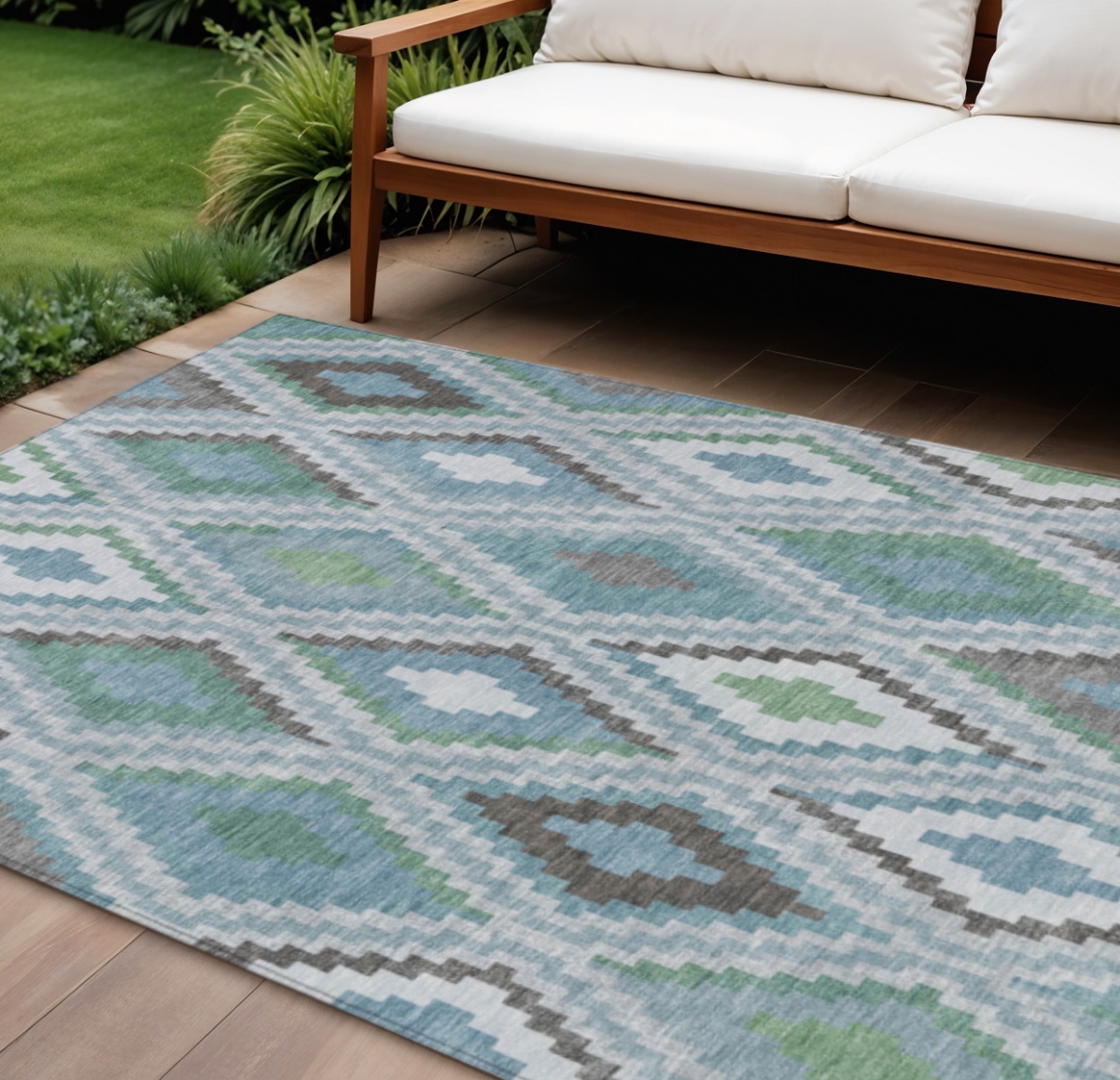 659740 9 x 12 ft. Teal Blue, Ivory & Green Geometric Washable Transitional Indoor & Outdoor Rectangle Area Rug
