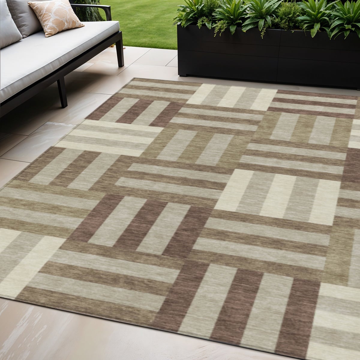 659755 5 x 8 ft. Brown, Beige & Ivory Geometric Washable Transitional Indoor & Outdoor Rectangle Area Rug