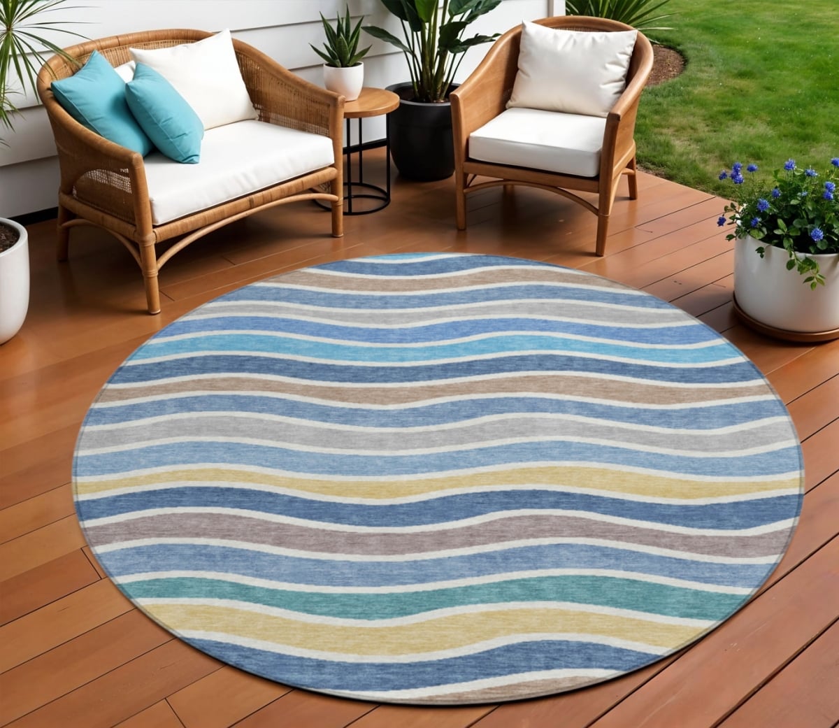 659804 8 ft. Blue, Ivory & Gold Striped Washable Transitional Indoor & Outdoor Round Area Rug