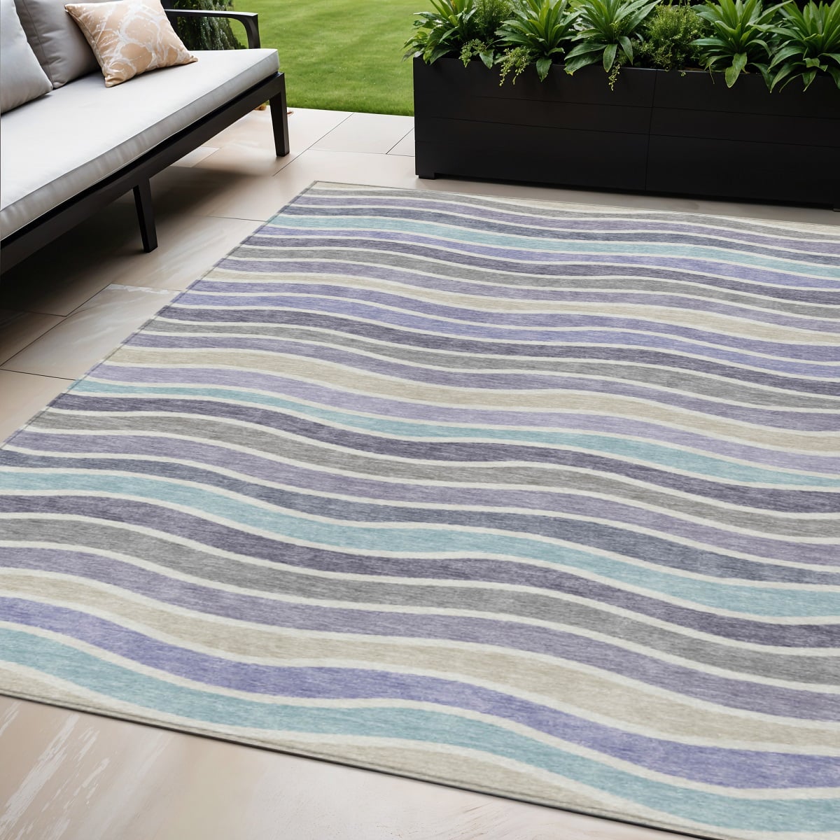 659821 5 x 8 ft. Lavender Tan & Ivory Striped Washable Transitional Indoor & Outdoor Rectangle Area Rug