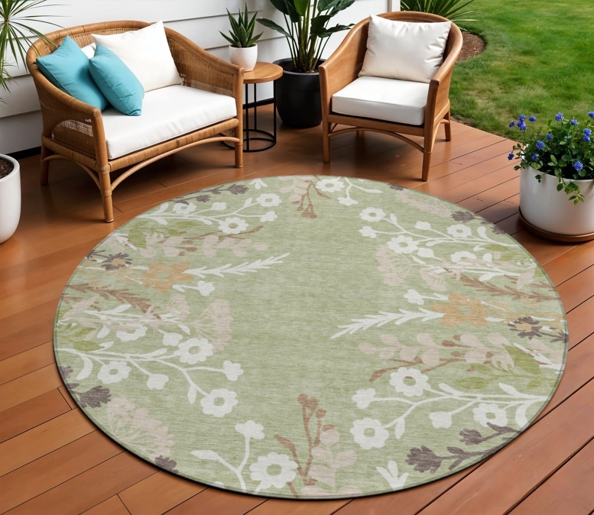 659846 8 ft. Artichoke Green Wheat & Ivory Floral Washable Transitional Indoor & Outdoor Round Area Rug