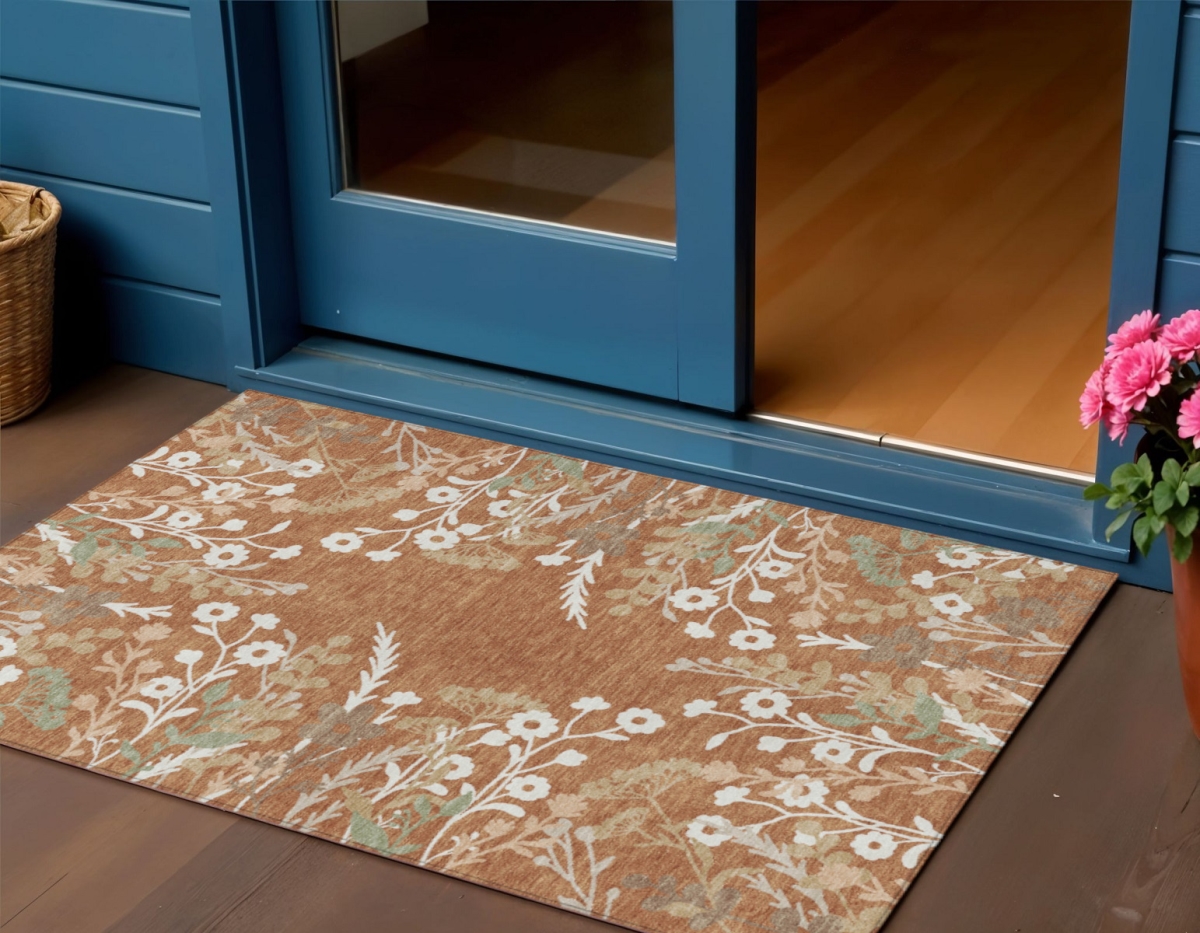 659886 3 x 5 ft. Chili Red Ivory & Green Floral Washable Transitional Indoor & Outdoor Rectangle Area Rug