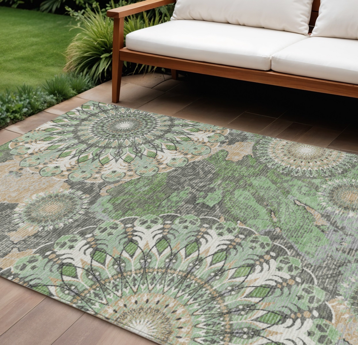 659927 10 x 14 ft. Green, Ivory & Gold Paisley Washable Transitional Indoor & Outdoor Rectangle Area Rug