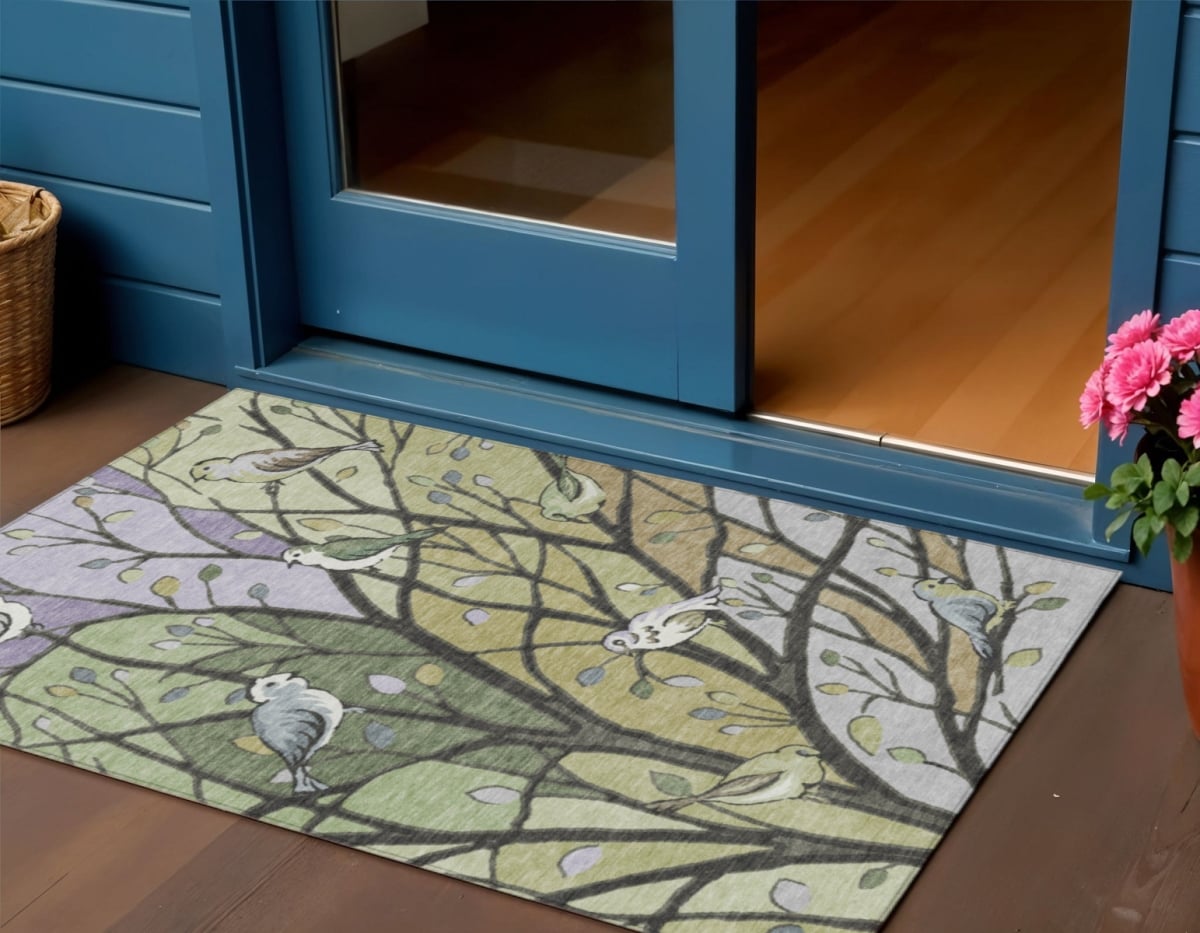 659941 3 x 5 ft. Artichoke Green Wheat & Lavender Botanical Leaves Washable Transitional Indoor & Outdoor Rectangle Area Rug