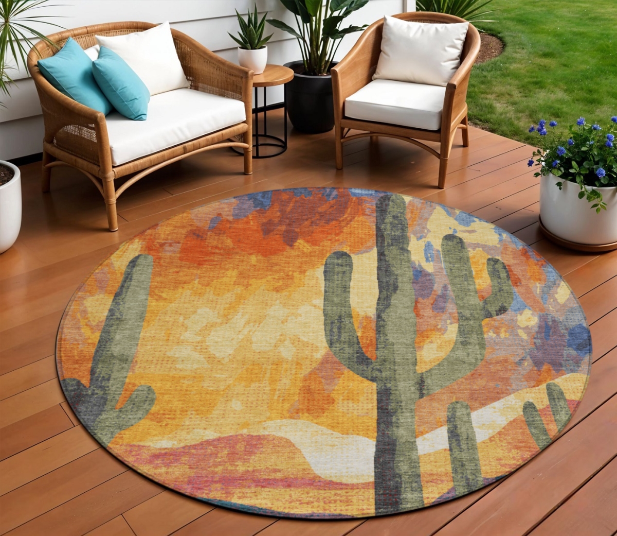 659997 8 ft. Terra Cotta Blue & Plum Botanical Leaves Washable Transitional Indoor & Outdoor Round Area Rug