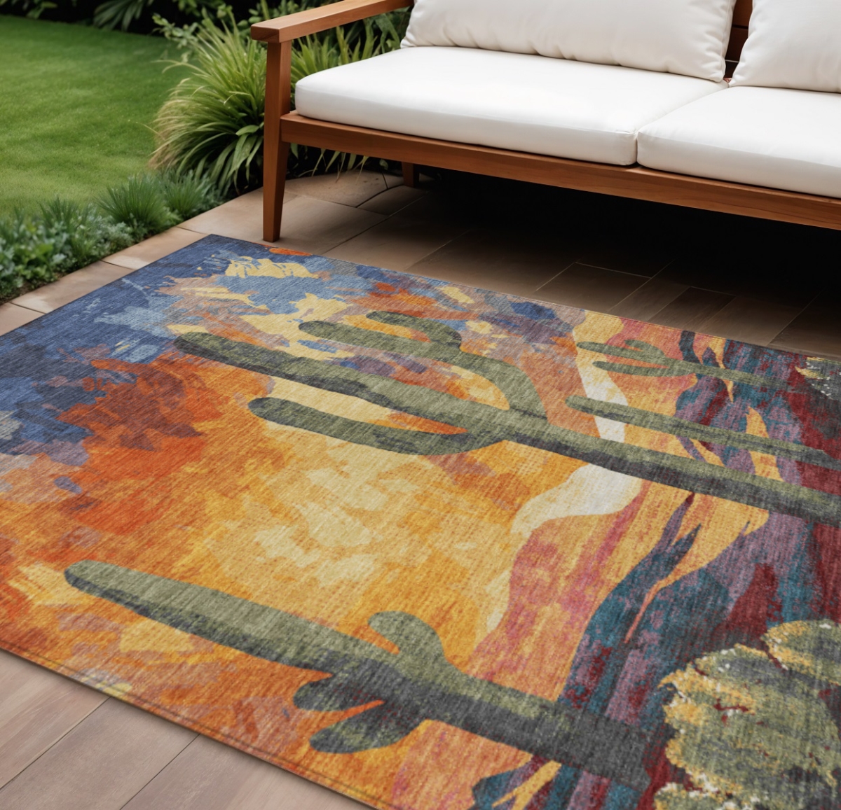 659999 9 x 12 ft. Terra Cotta Blue & Plum Botanical Leaves Washable Transitional Indoor & Outdoor Rectangle Area Rug