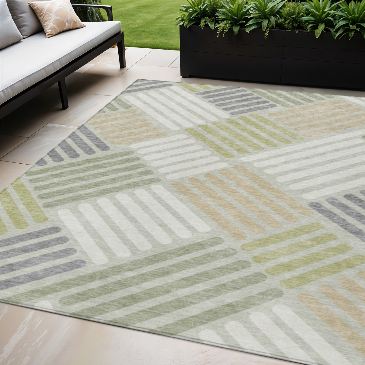 660380 5 x 8 ft. Artichoke Green, Ivory & Gray Geometric Washable Transitional Indoor & Outdoor Rectangle Area Rug