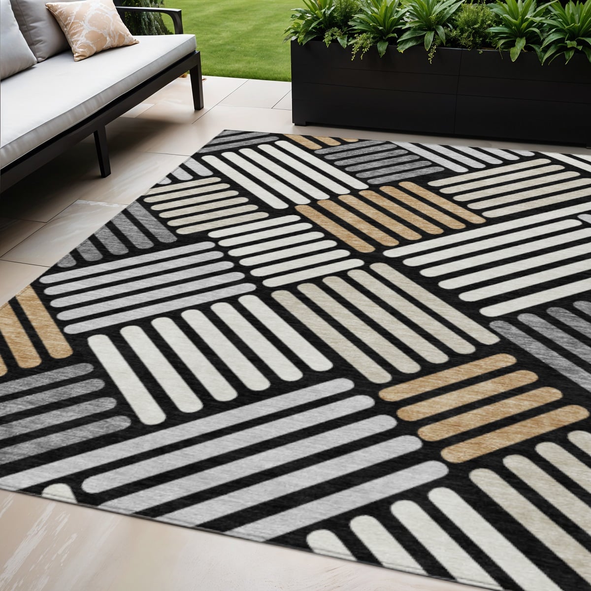 660386 5 x 8 ft. Black Beige & Ivory Geometric Washable Transitional Indoor & Outdoor Rectangle Area Rug