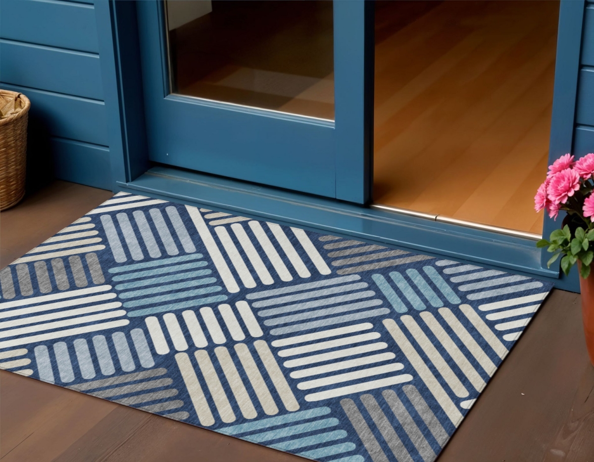 660421 3 x 5 ft. Navy Blue, Ivory & Pewter Geometric Washable Transitional Indoor & Outdoor Rectangle Area Rug