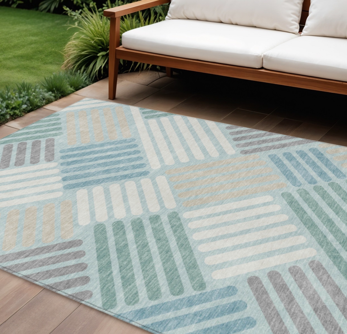 660430 8 x 10 ft. Pale Aqua Wheat & Ivory Geometric Washable Transitional Indoor & Outdoor Rectangle Area Rug