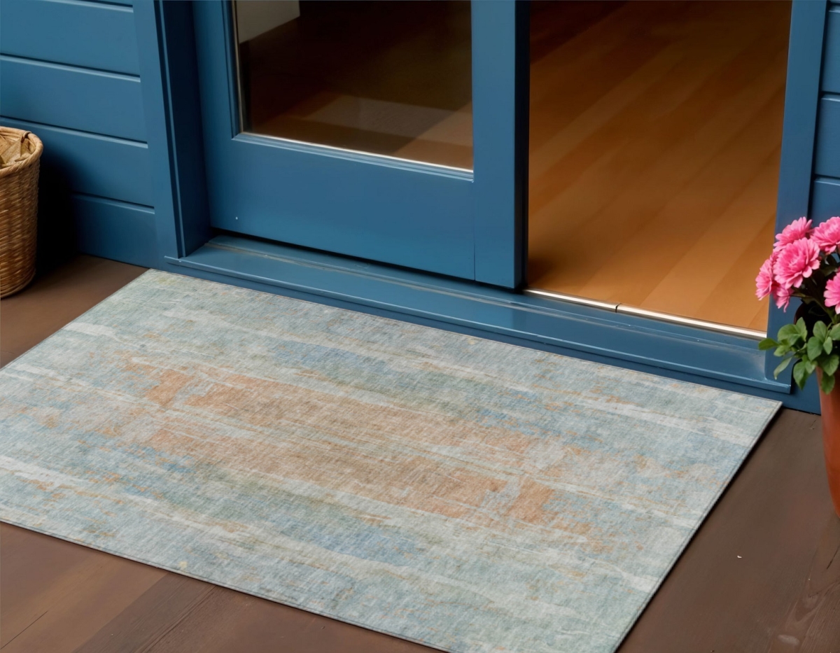 658687 3 x 5 ft. Sky Blue & Copper Abstract Washable Transitional Indoor & Outdoor Rectangle Area Rug