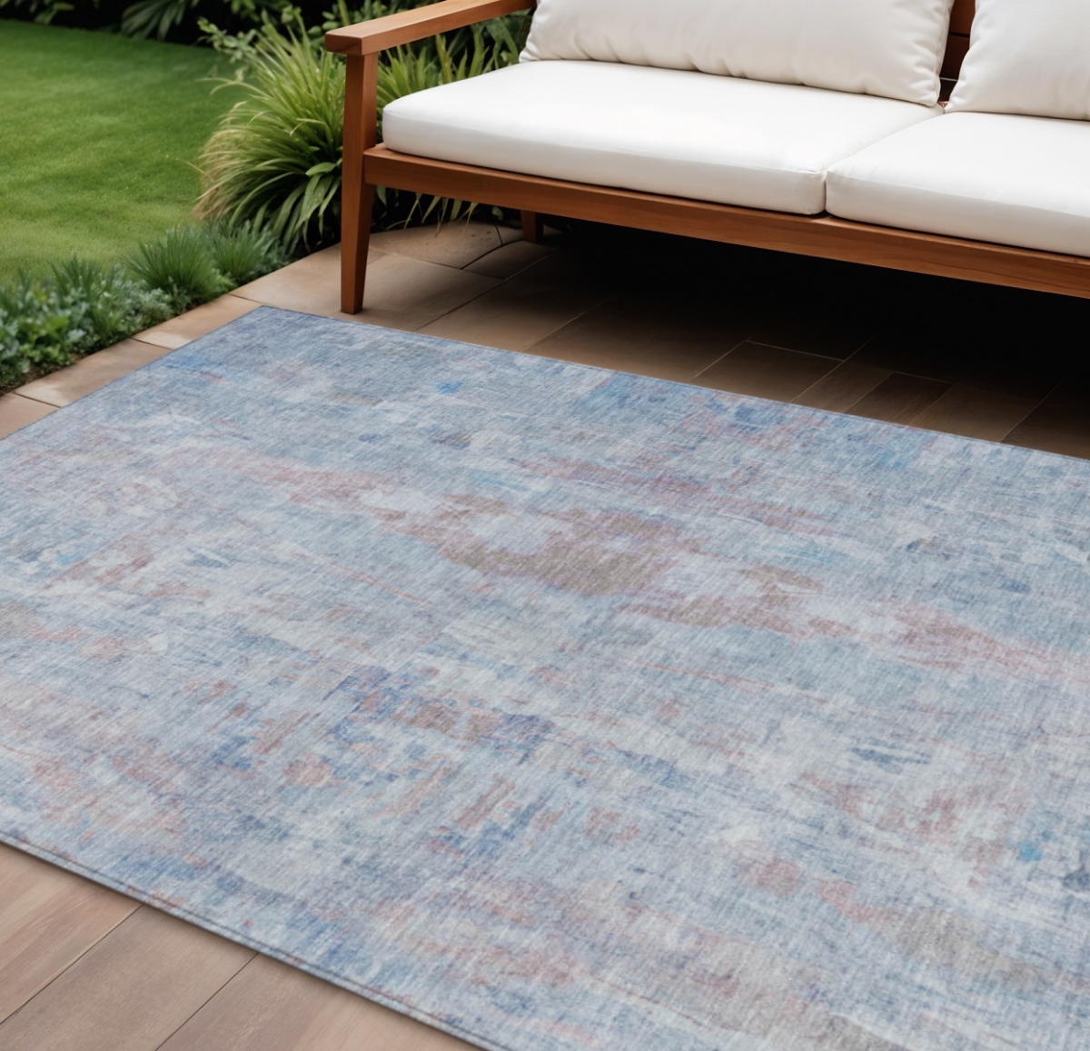 658720 8 x 10 ft. Blue & Blush Abstract Washable Transitional Indoor & Outdoor Rectangle Area Rug
