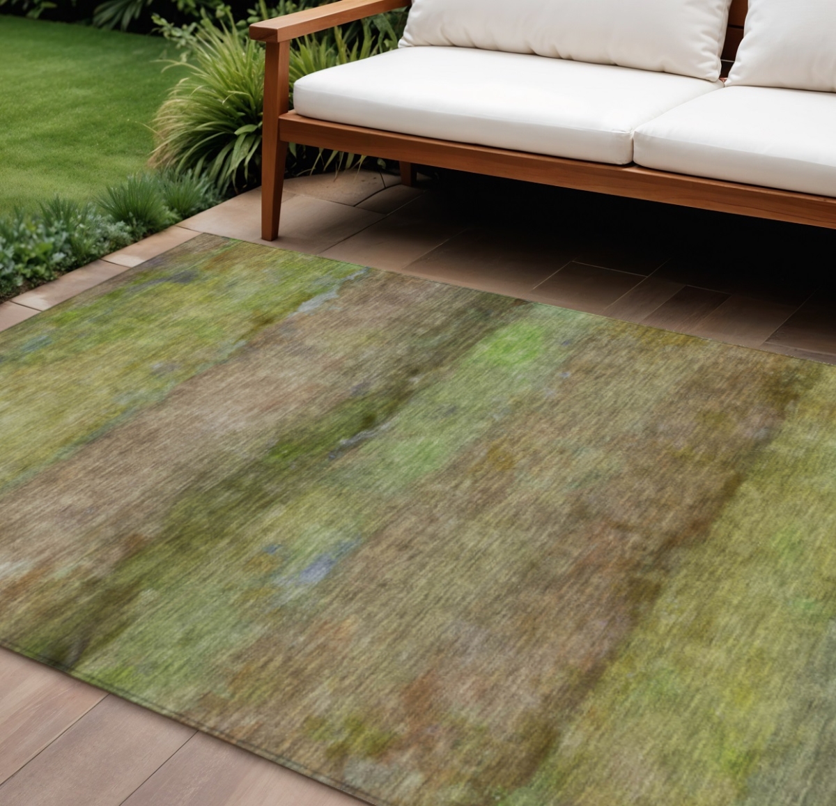 658776 10 x 14 ft. Olive Green & Brown Abstract Washable Transitional Indoor & Outdoor Rectangle Area Rug