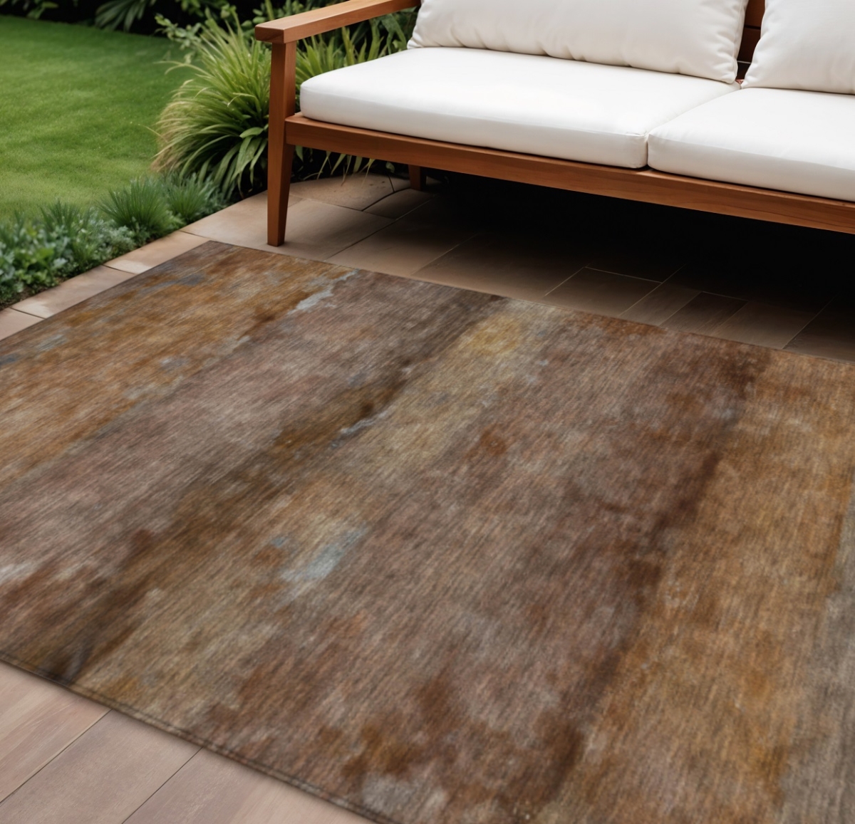 658788 10 x 14 ft. Khaki & Brown Abstract Washable Transitional Indoor & Outdoor Rectangle Area Rug