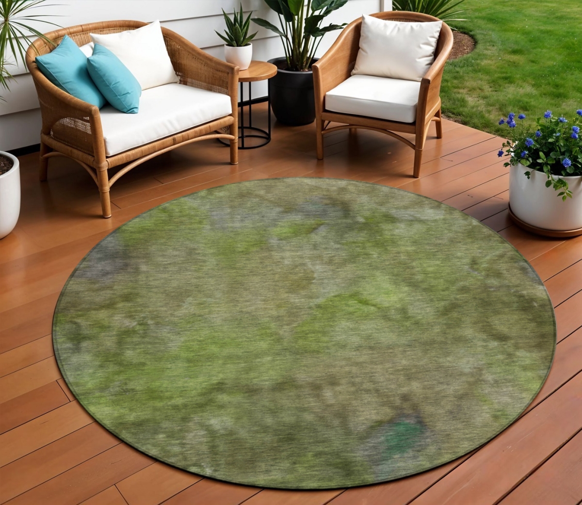 658821 8 ft. Olive Green & Gray Abstract Washable Transitional Indoor & Outdoor Round Area Rug
